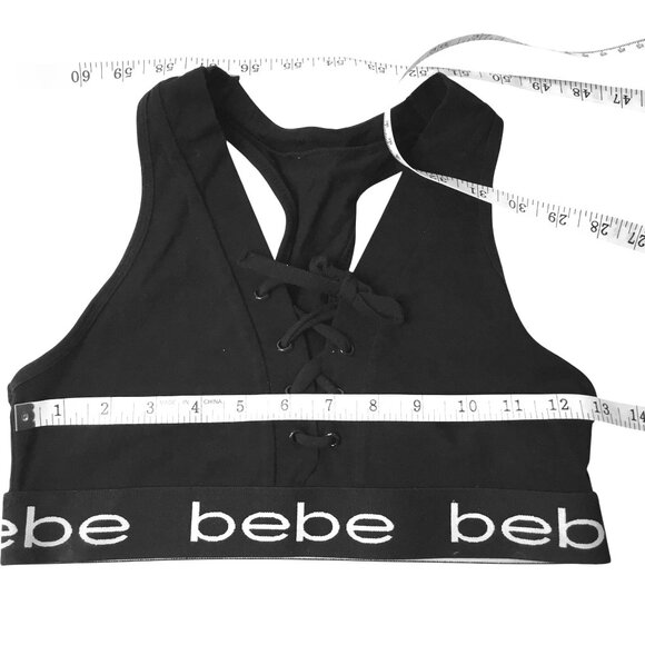 BEBE Women Black Lace-Up Logo Band Racerback Sports Bra Bralette Tank Top S - Picture 3 of 5